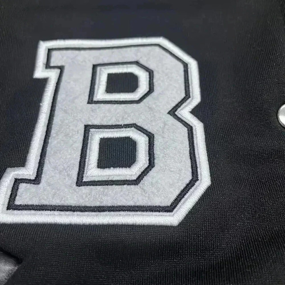 Alphabet (PU Long Sleeve) Crop Baseball Jacket (Color: Black) - Picture 5 of 5